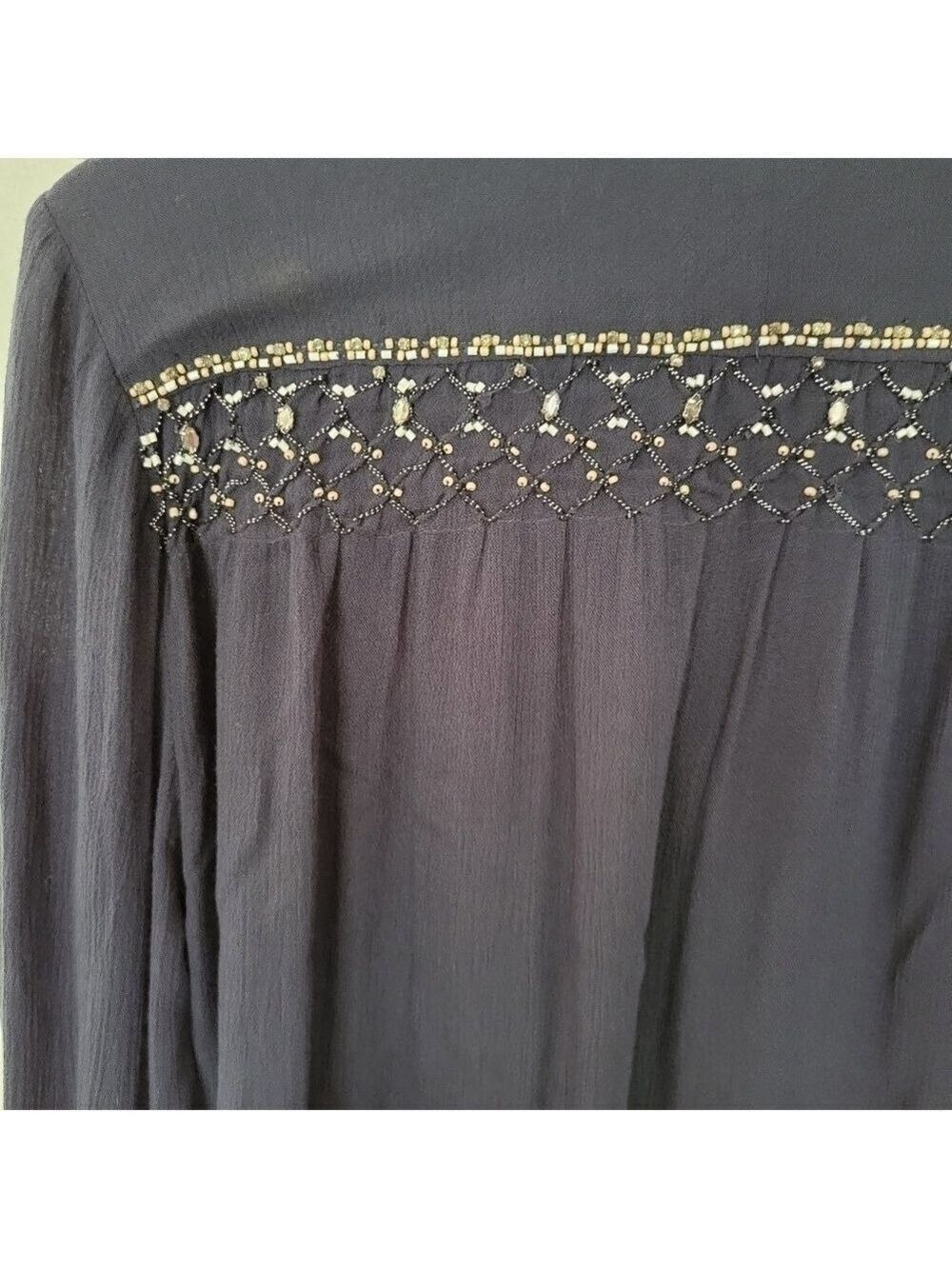 Anthropologie Floreat Beulah Beaded Buttton Up Pleat Front Long Sleeve Blouse - Picture 11 of 16